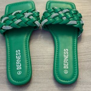 Berness Green Braided Rhinestone Slide Sandals